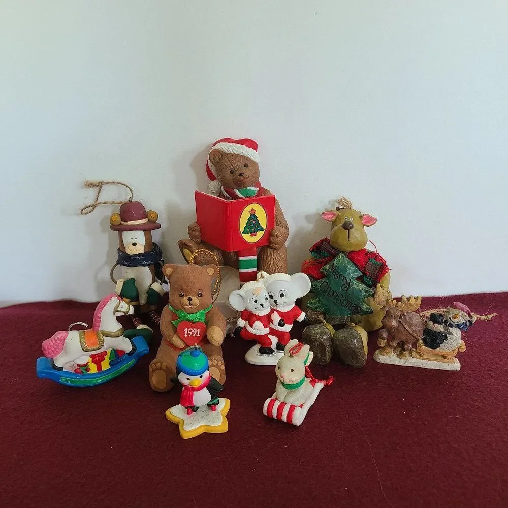 Vintage Christmas Animals Ornaments and Stocking Hanger Bundle Nine Items Lot